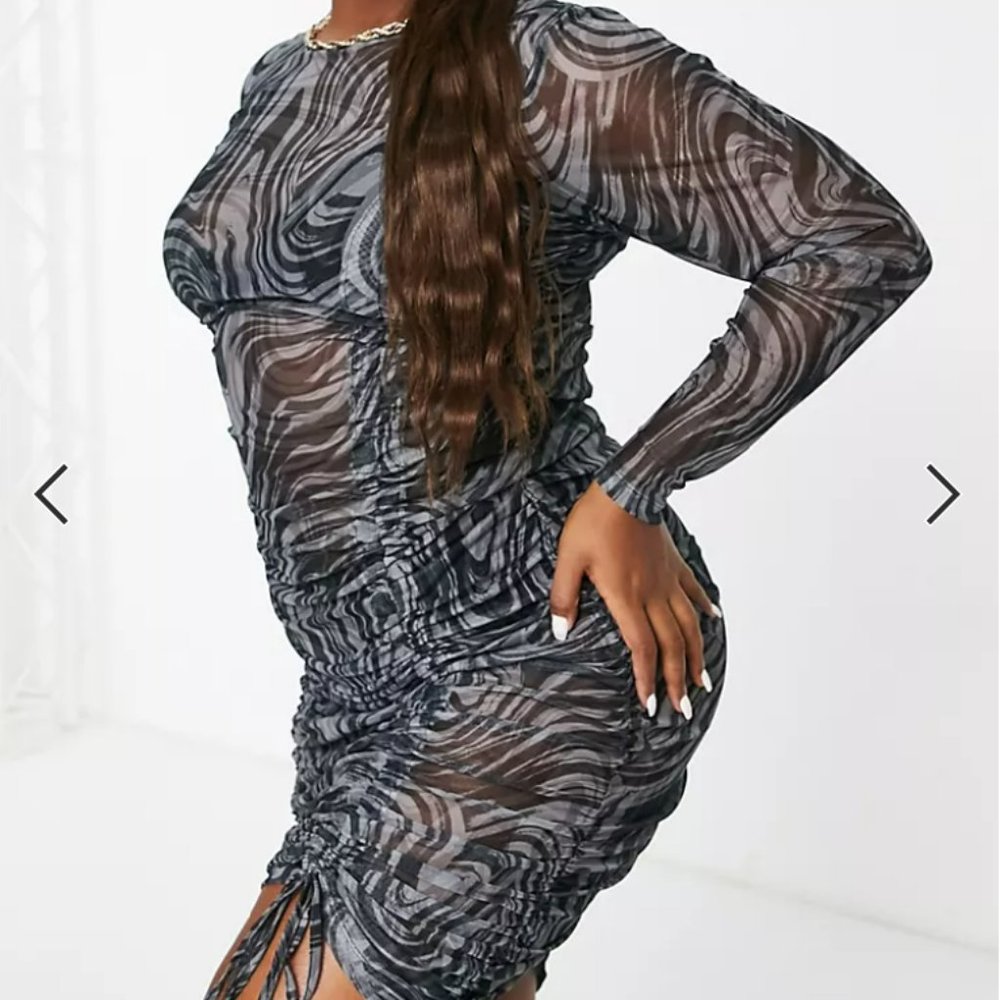 ASOS DESIGN Curve long sleeve dress with ruching in printed mesh